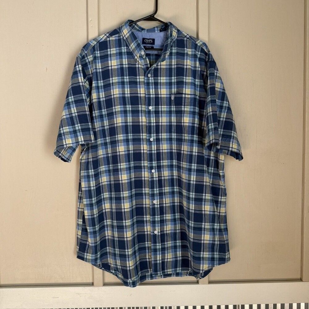 Chaps Mens Big & Tall Button Shirt 3XL Short Sleeve Plaid Easy Care Stretch